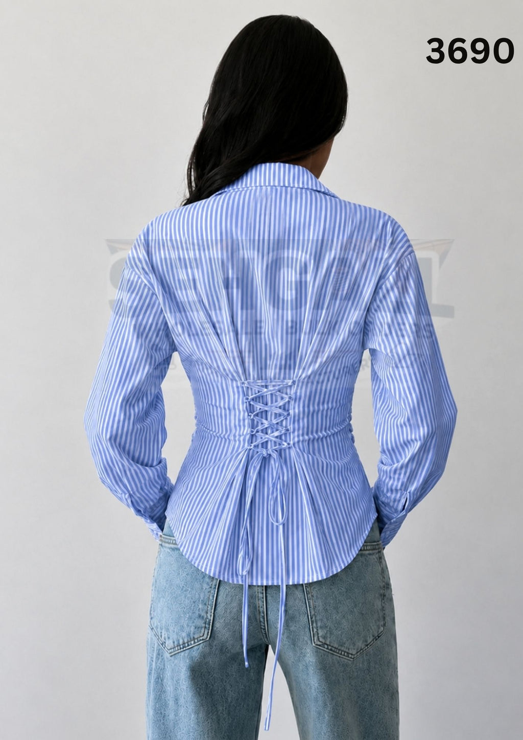 Striped Cotton Corset Back Waist-Tie Long Sleeve Shirt-3690