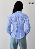 Striped Cotton Corset Back Waist-Tie Long Sleeve Shirt-3690