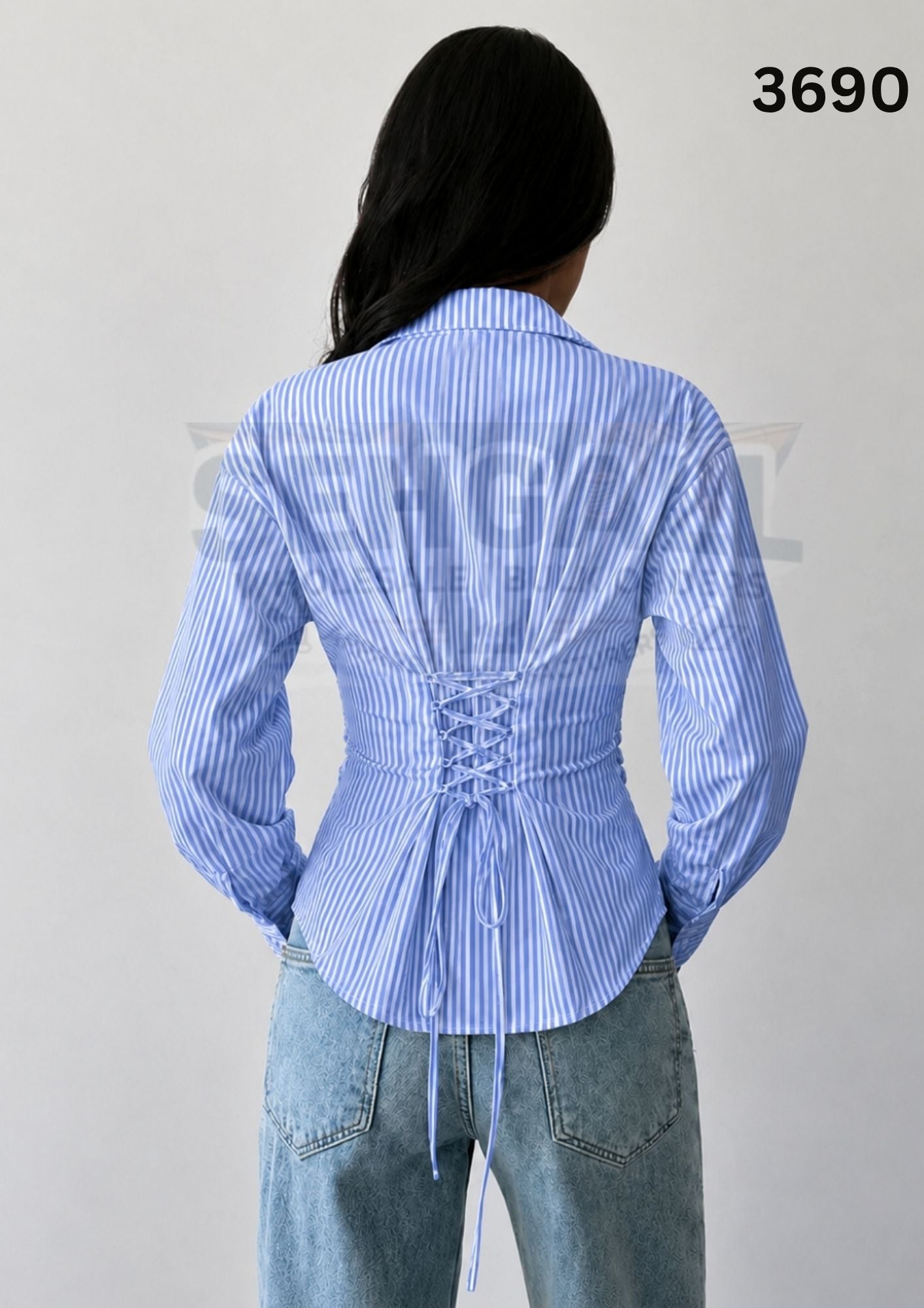 Striped Cotton Corset Back Waist-Tie Long Sleeve Shirt-3688