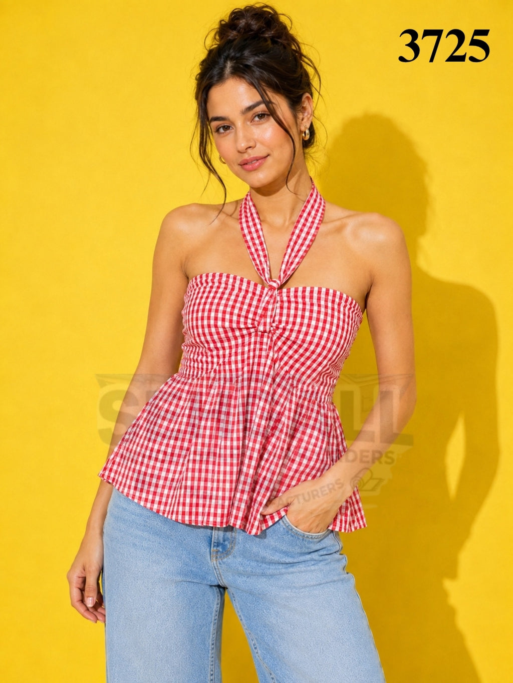 Gingham Check Strapless Bow Front Peplum Top - 3725