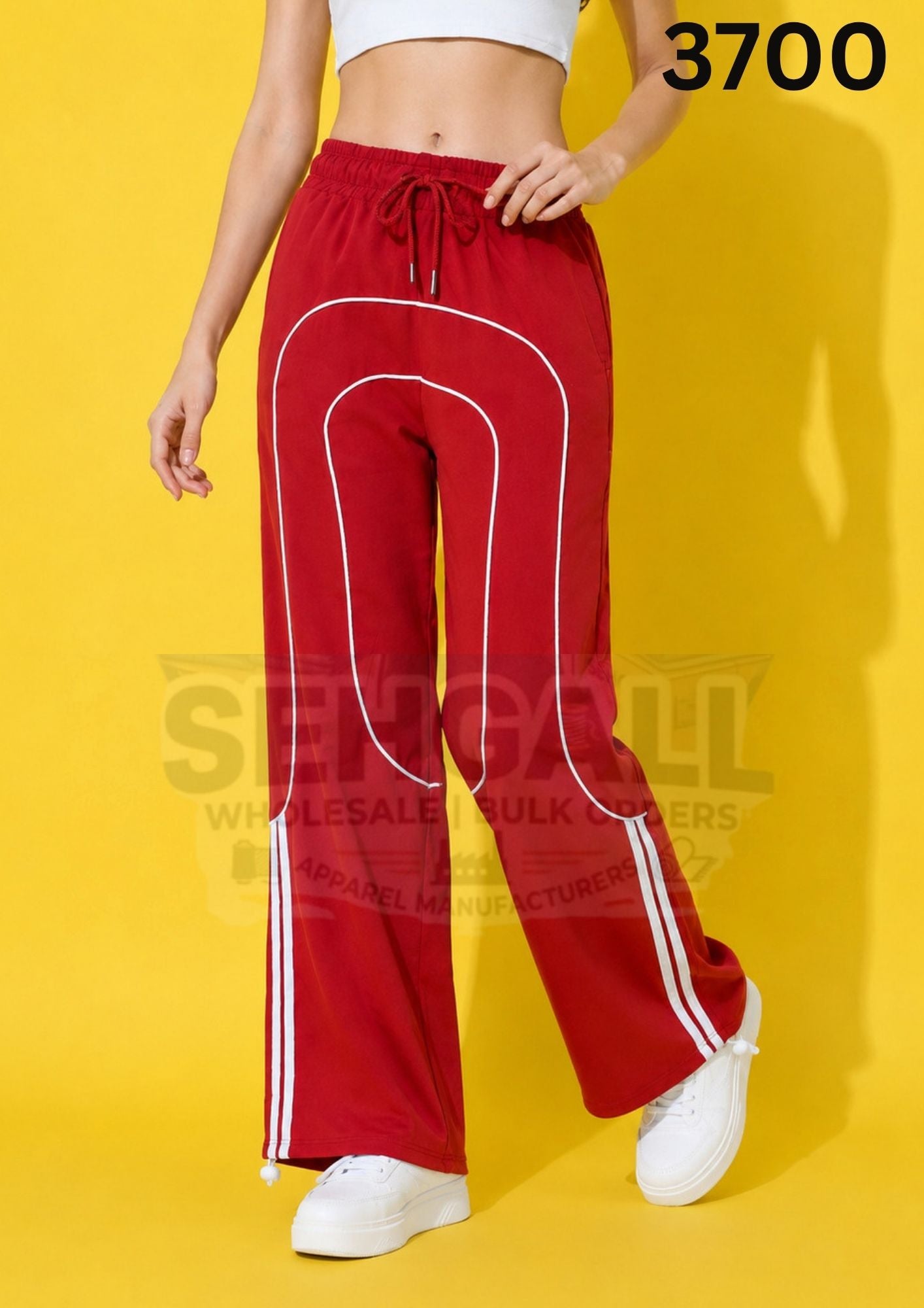 Women's Wide Leg Track Pants with Contrast Piping-3700