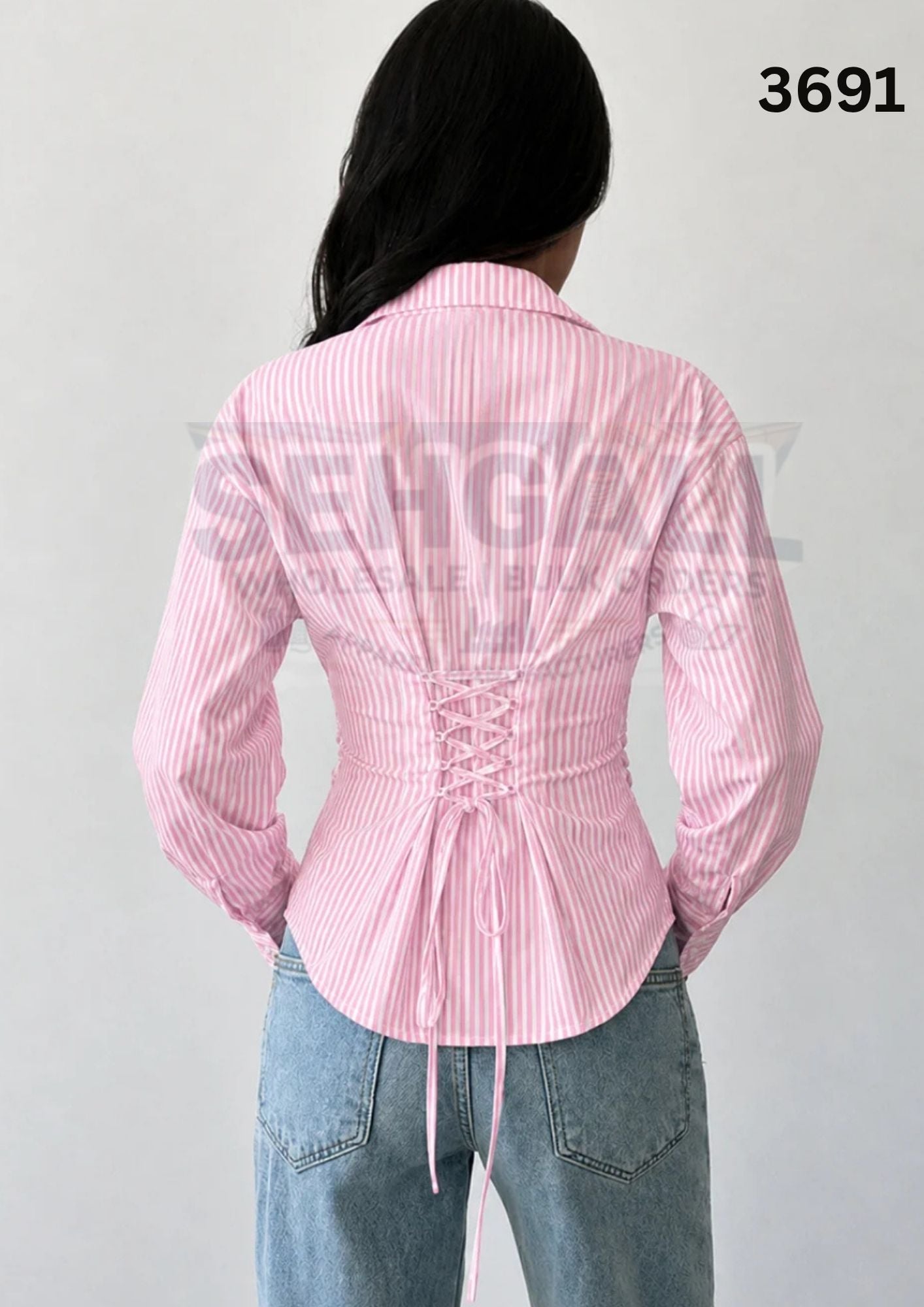Striped Cotton Corset Back Waist-Tie Long Sleeve Shirt-3688