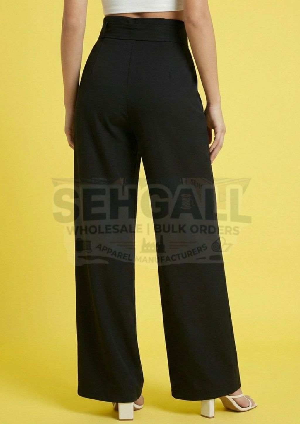 Women’s Black High Waist Wide Leg Belted Formal Trousers Pants-3665