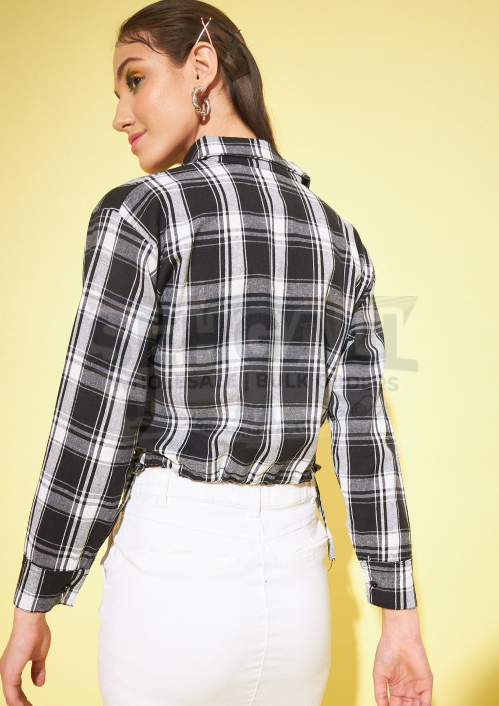 Cotton White Black Ruched Drawstring Crop Shirt-3291