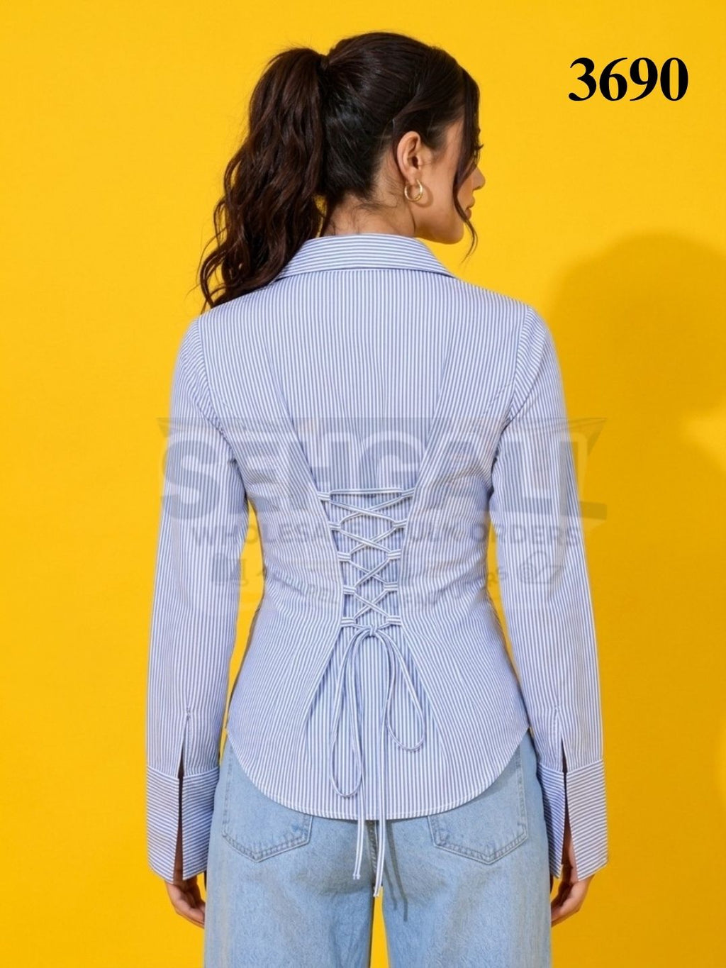 Striped Cotton Corset Back Waist-Tie Long Sleeve Shirt-3691