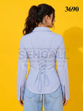 Striped Cotton Corset Back Waist-Tie Long Sleeve Shirt-3691