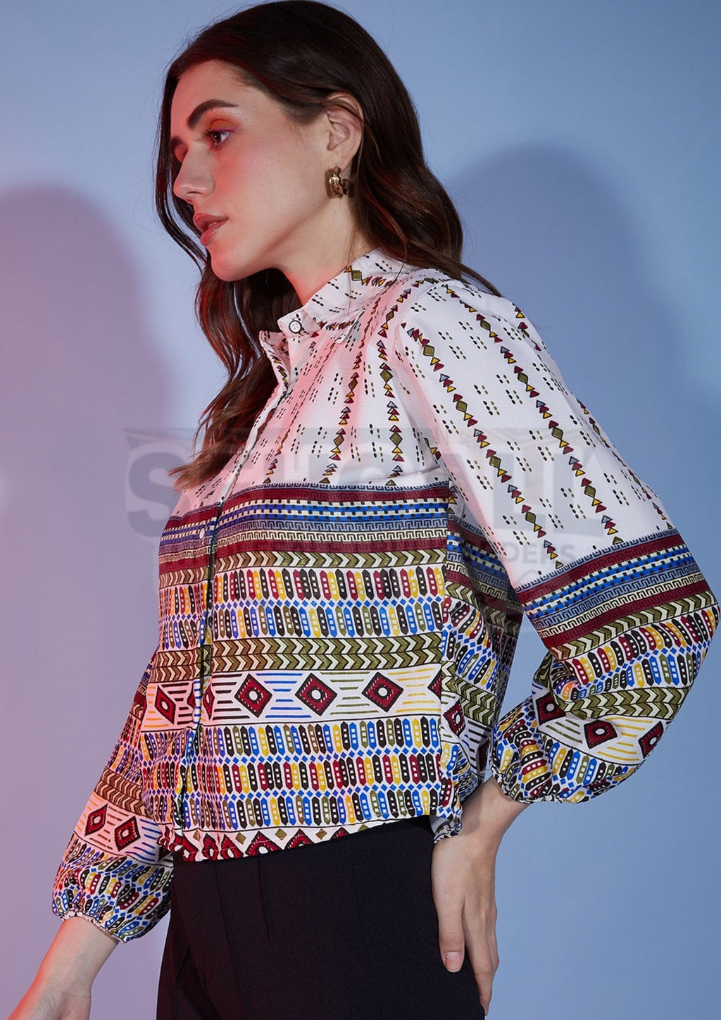 Bubble Sleeve Tribal Printed Women Shirt-3326