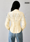Striped Cotton Corset Back Waist-Tie Long Sleeve Shirt-3688