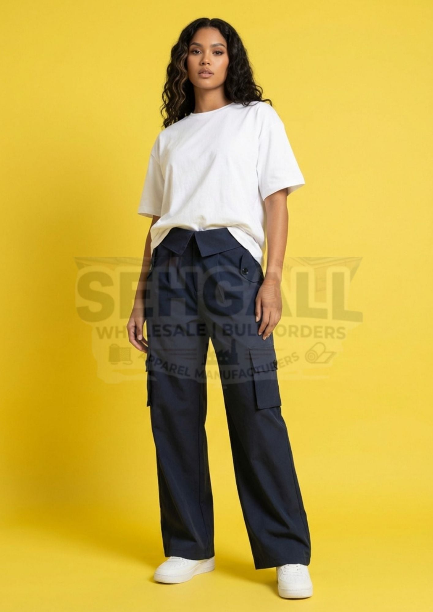 Women High Waist Cargo Pants with Collared Waistband-3630