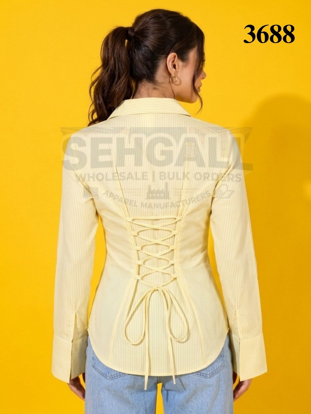 Striped Cotton Corset Back Waist-Tie Long Sleeve Shirt-3691
