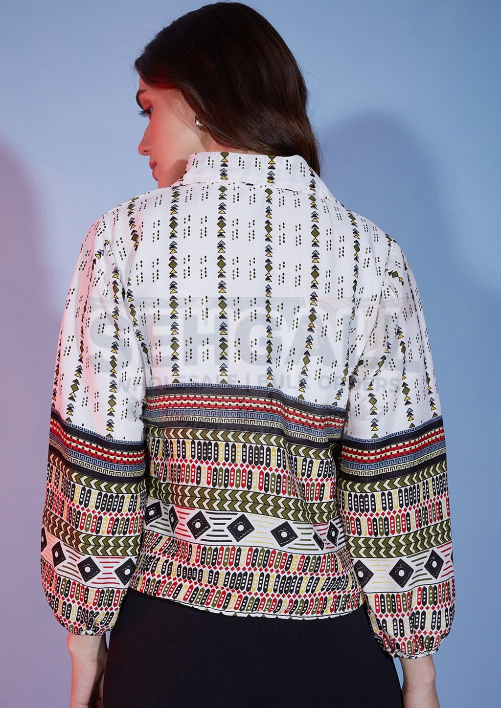 Bubble Sleeve Tribal Printed Women Shirt-3326
