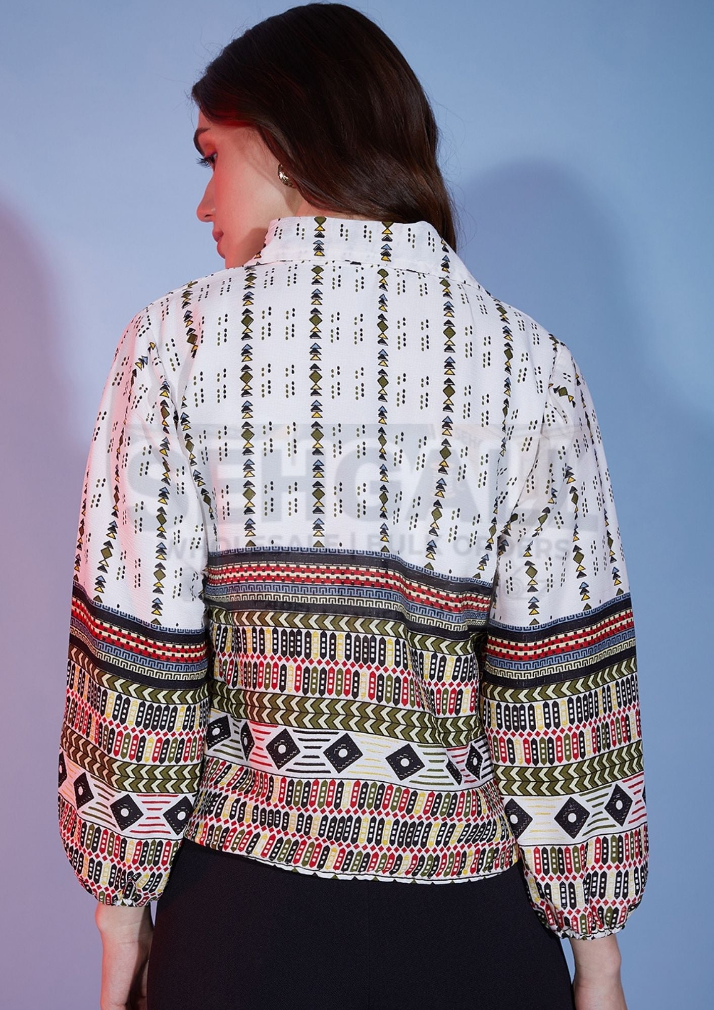 Bubble Sleeve Tribal Printed Women Shirt-3326