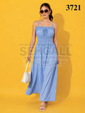 Women Cotton Blue Striped A-Line Maxi Dress-3721