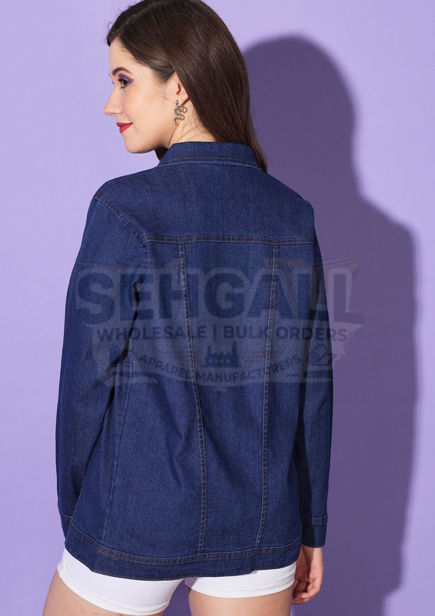 Button Front Women Long Denim Jacket-3294