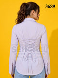 Striped Cotton Corset Back Waist-Tie Long Sleeve Shirt-3689