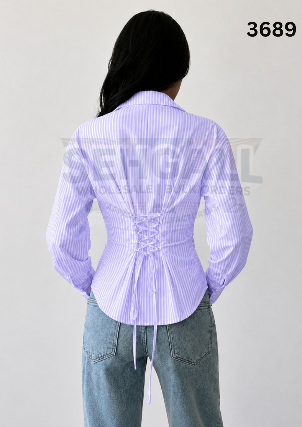 Striped Cotton Corset Back Waist-Tie Long Sleeve Shirt-3689