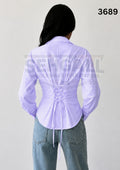 Striped Cotton Corset Back Waist-Tie Long Sleeve Shirt-3689