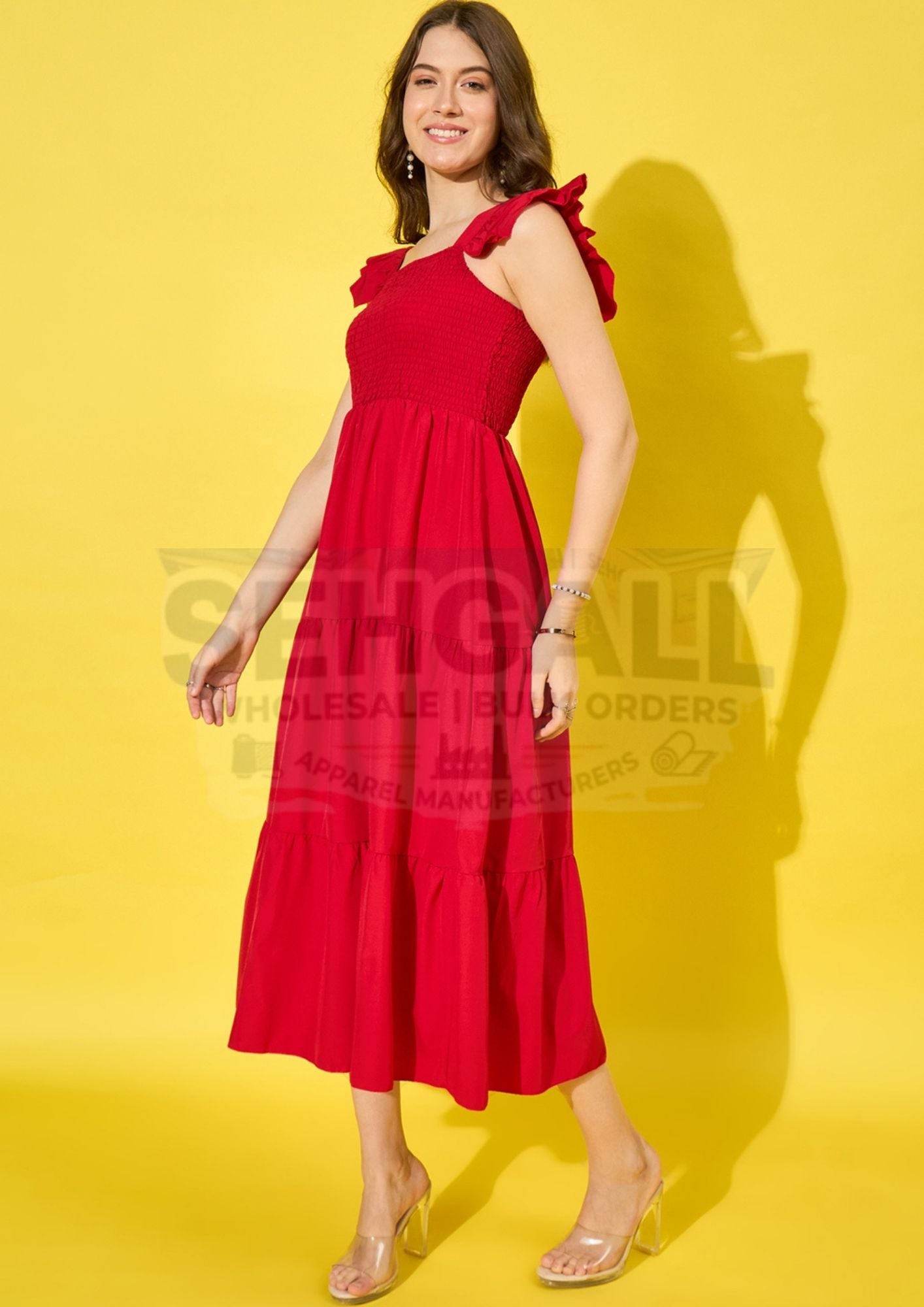 Ruffled Strap Dress Square Neck Smocked Women Maxi Dresses-3469