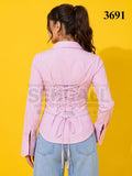 Striped Cotton Corset Back Waist-Tie Long Sleeve Shirt-3691