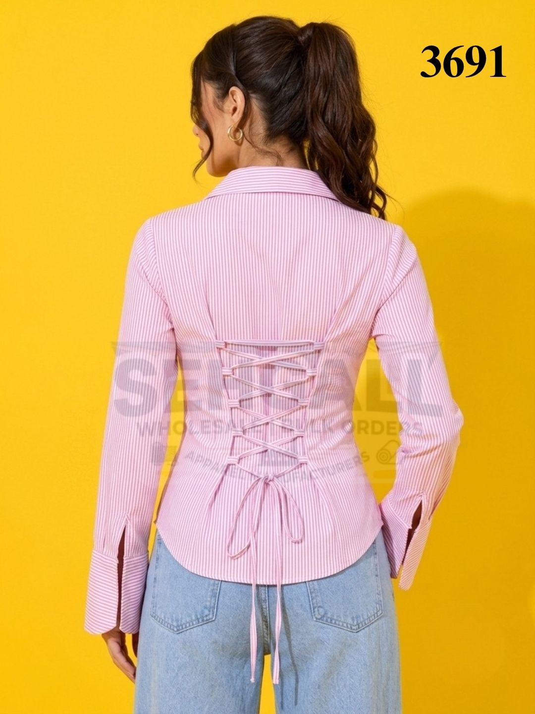 Striped Cotton Corset Back Waist-Tie Long Sleeve Shirt-3691