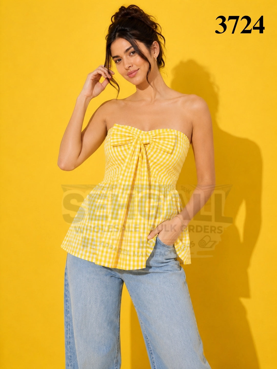 Gingham Check Strapless Bow Front Peplum Top - 3723