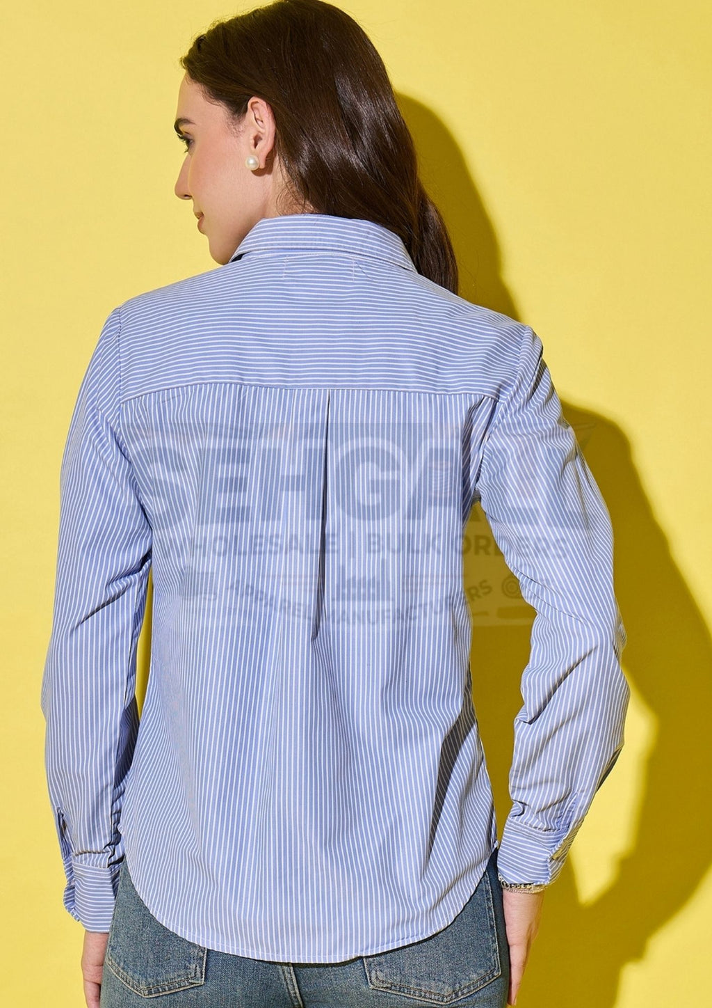 Blue Long Sleeve Women Striped Shirt-3548