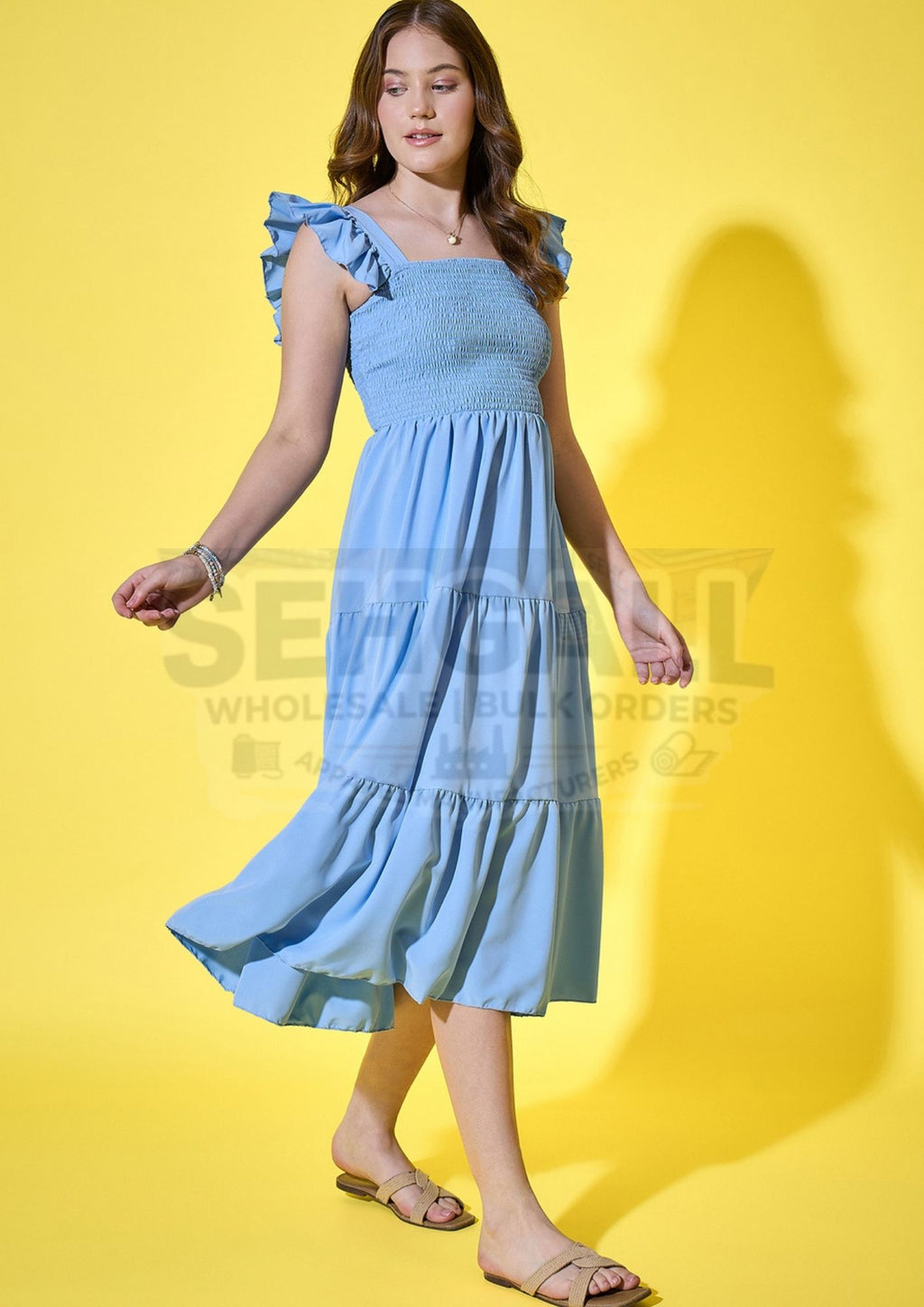 Ruffled Strap Dress Square Neck Smocked Women Maxi Dresses-3469