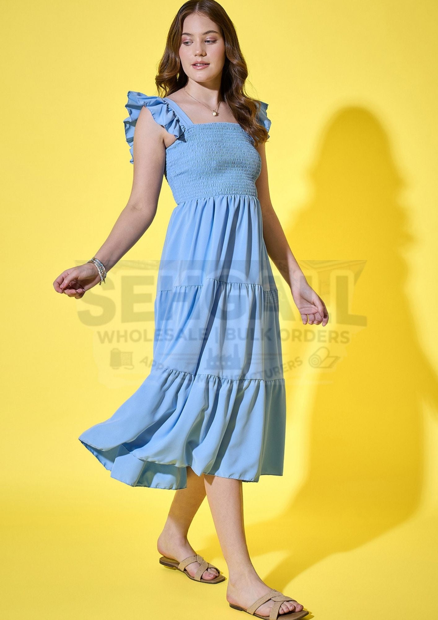 Ruffled Strap Dress Square Neck Smocked Women Maxi Dresses-3469
