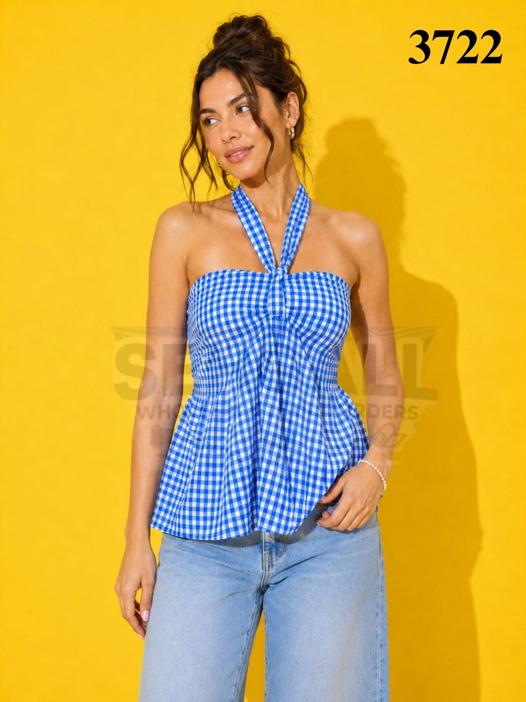 Gingham Check Strapless Bow Front Peplum Top - 3723