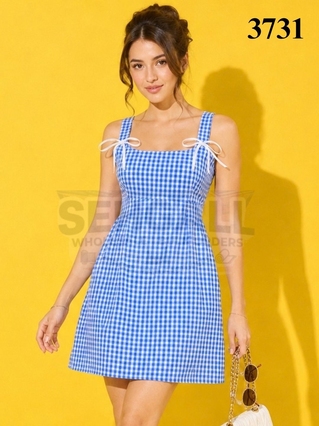 Gingham Check Bow Strap Mini Dress - 3731