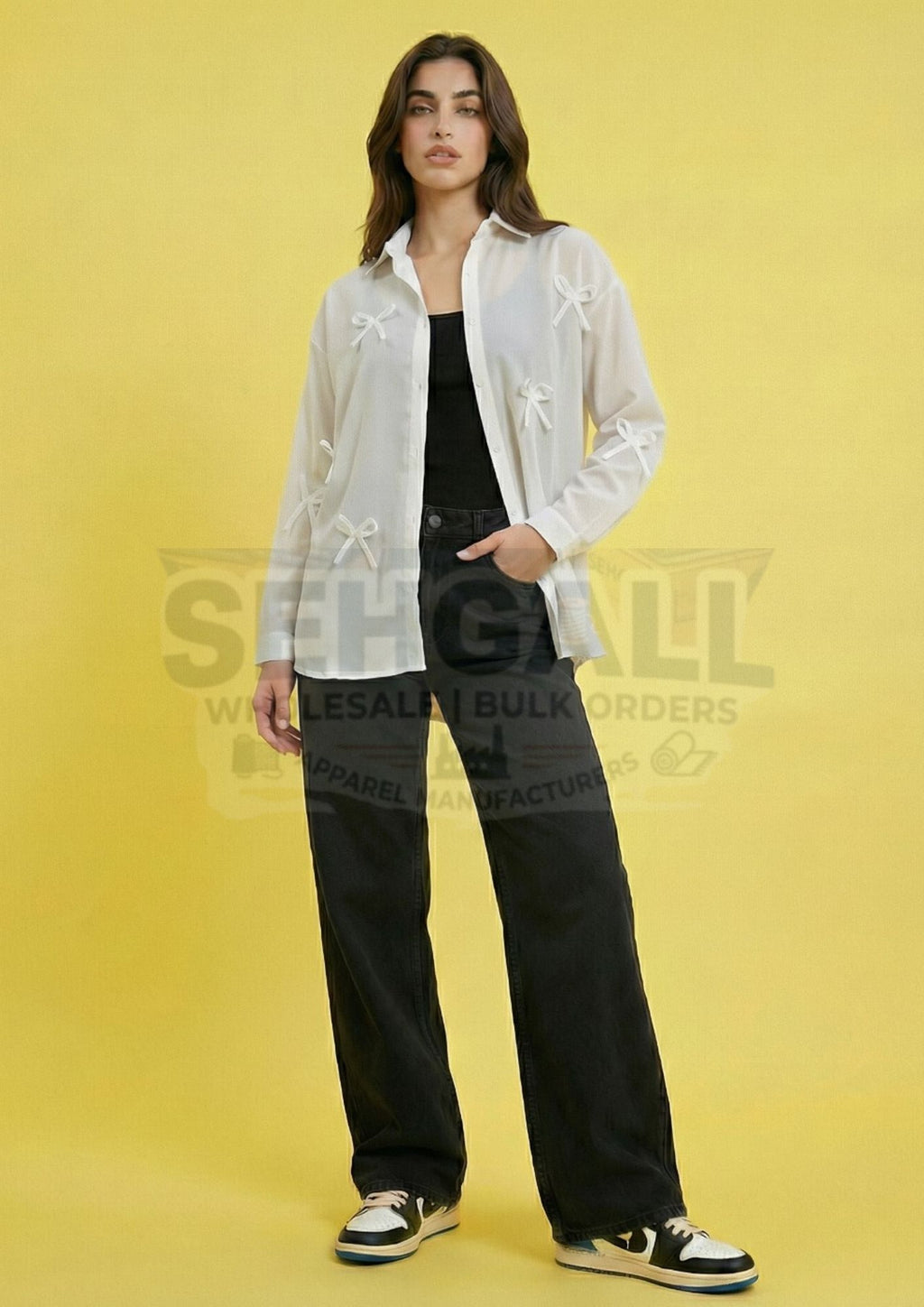 Georgette Bow Detail Oversized Fit Women Shirt-3670