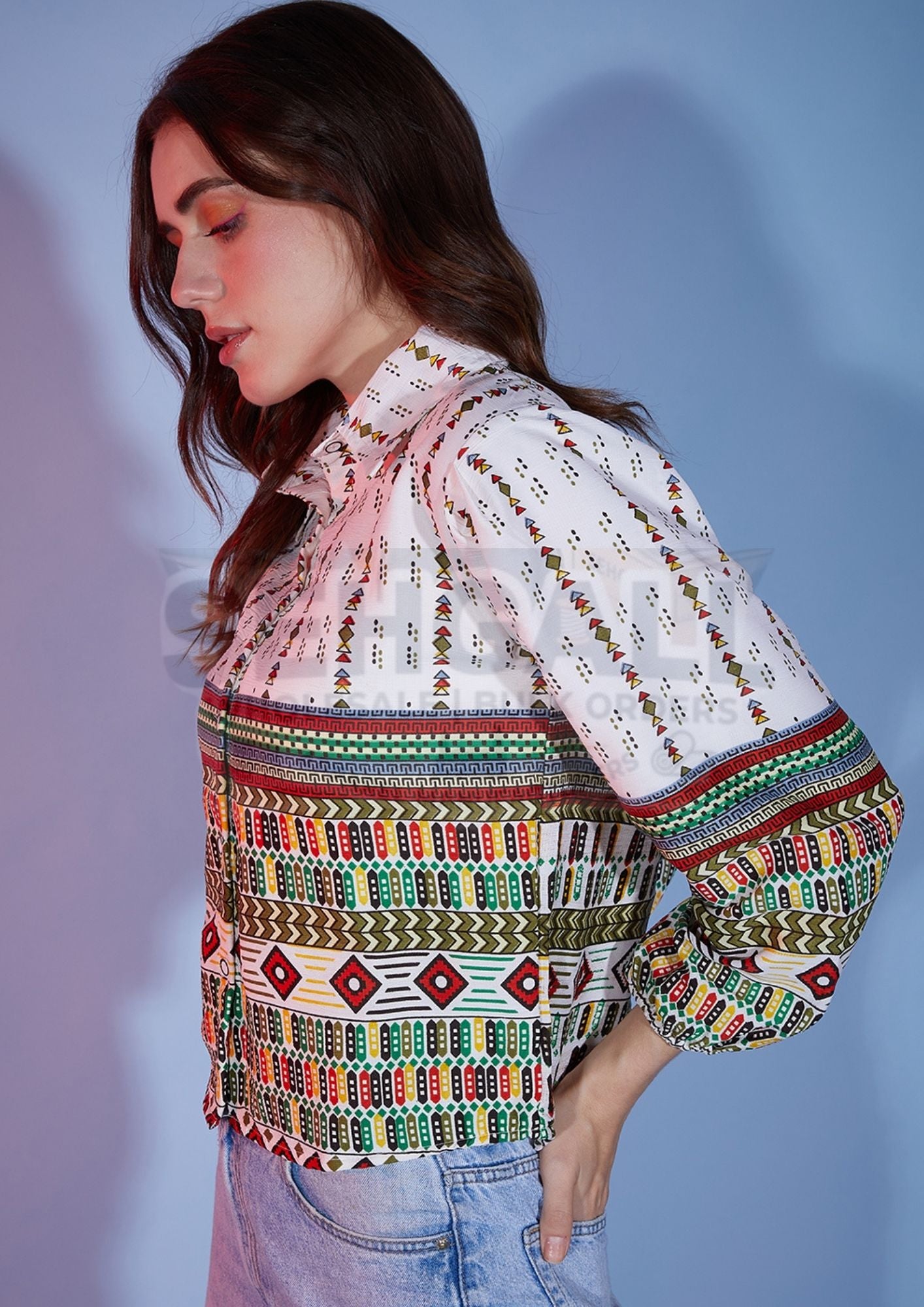 Bubble Sleeve Tribal Printed Women Shirt-3326