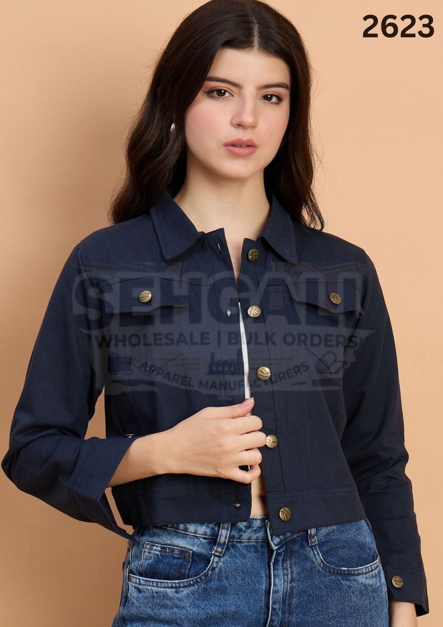 Twill Button Front Women Regular Jacket-2623