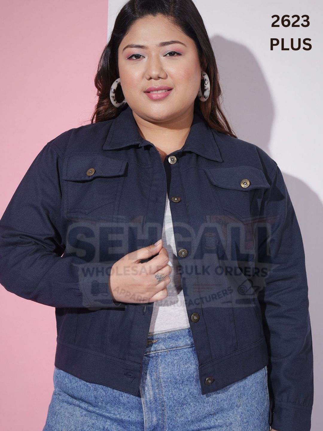 Twill Cotton Blend Plus Size Women Regular Jacket-2623PLUS