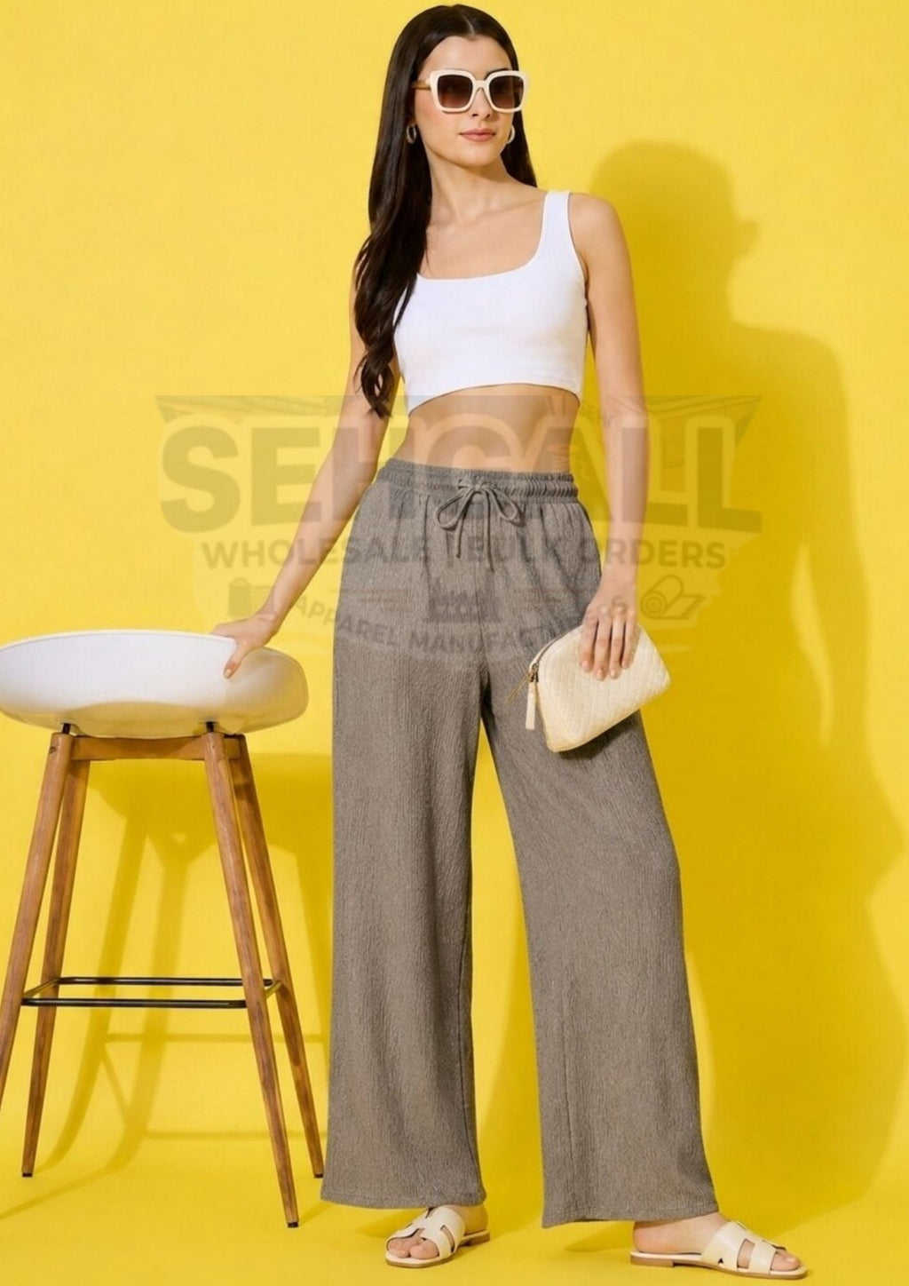 Women's Textured Wide Leg Drawstring Palazzo Pants-3695
