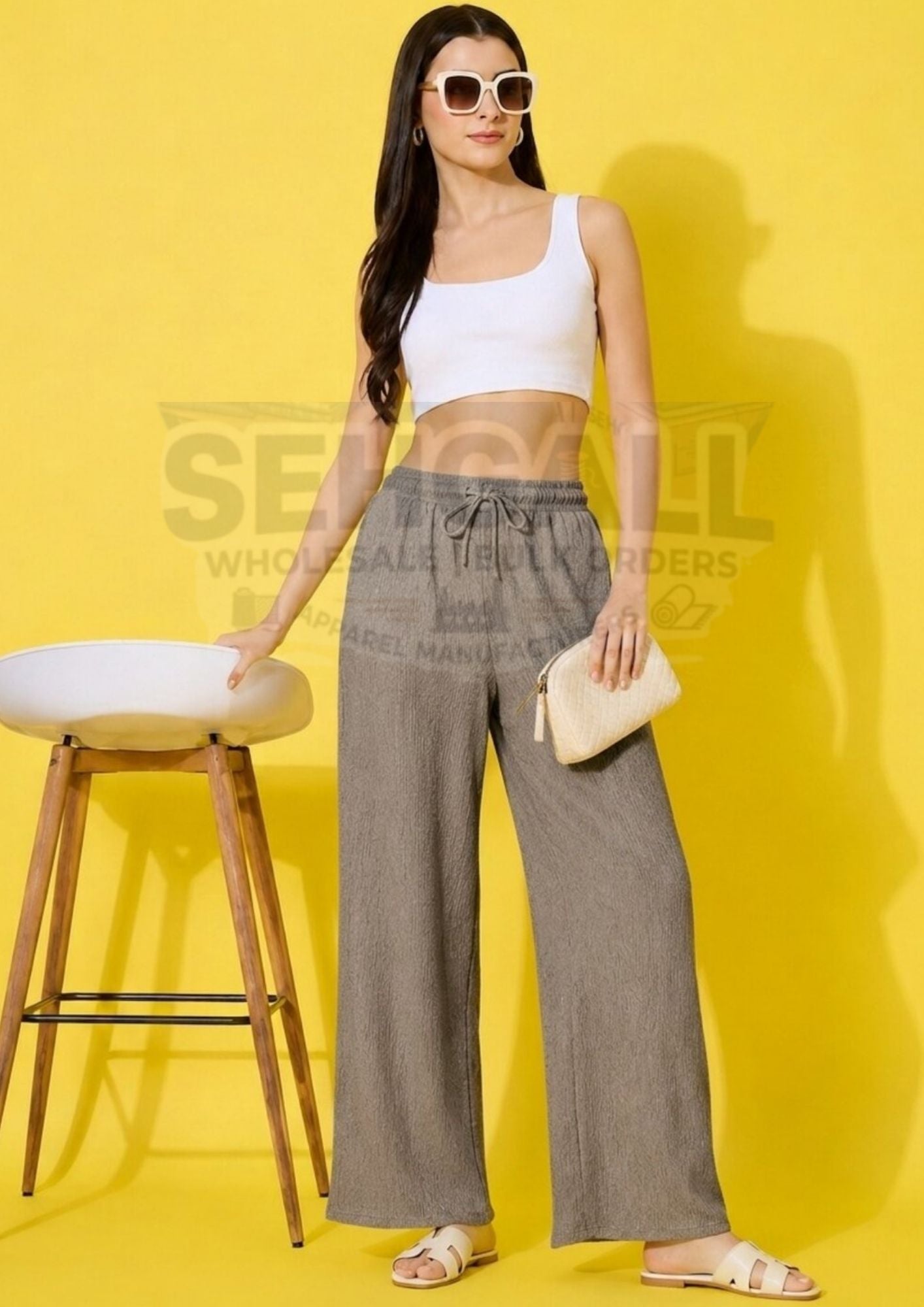 Women's Textured Wide Leg Drawstring Palazzo Pants-3695