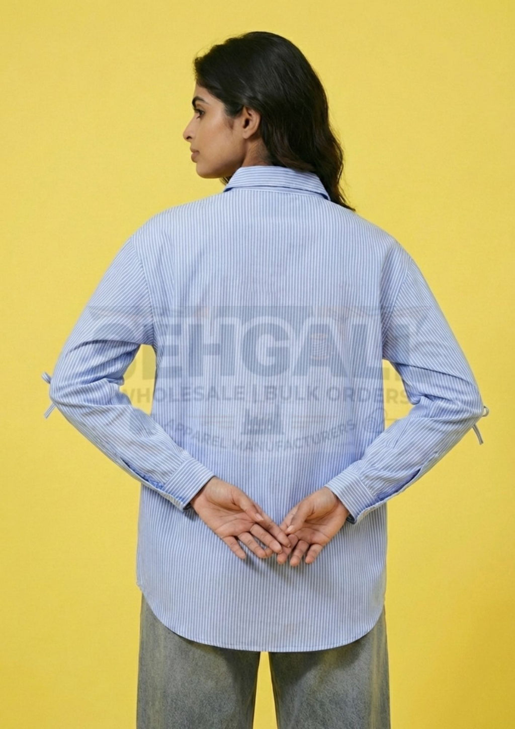 Women Blue Striped Bow Detail Casual Shirt-3679