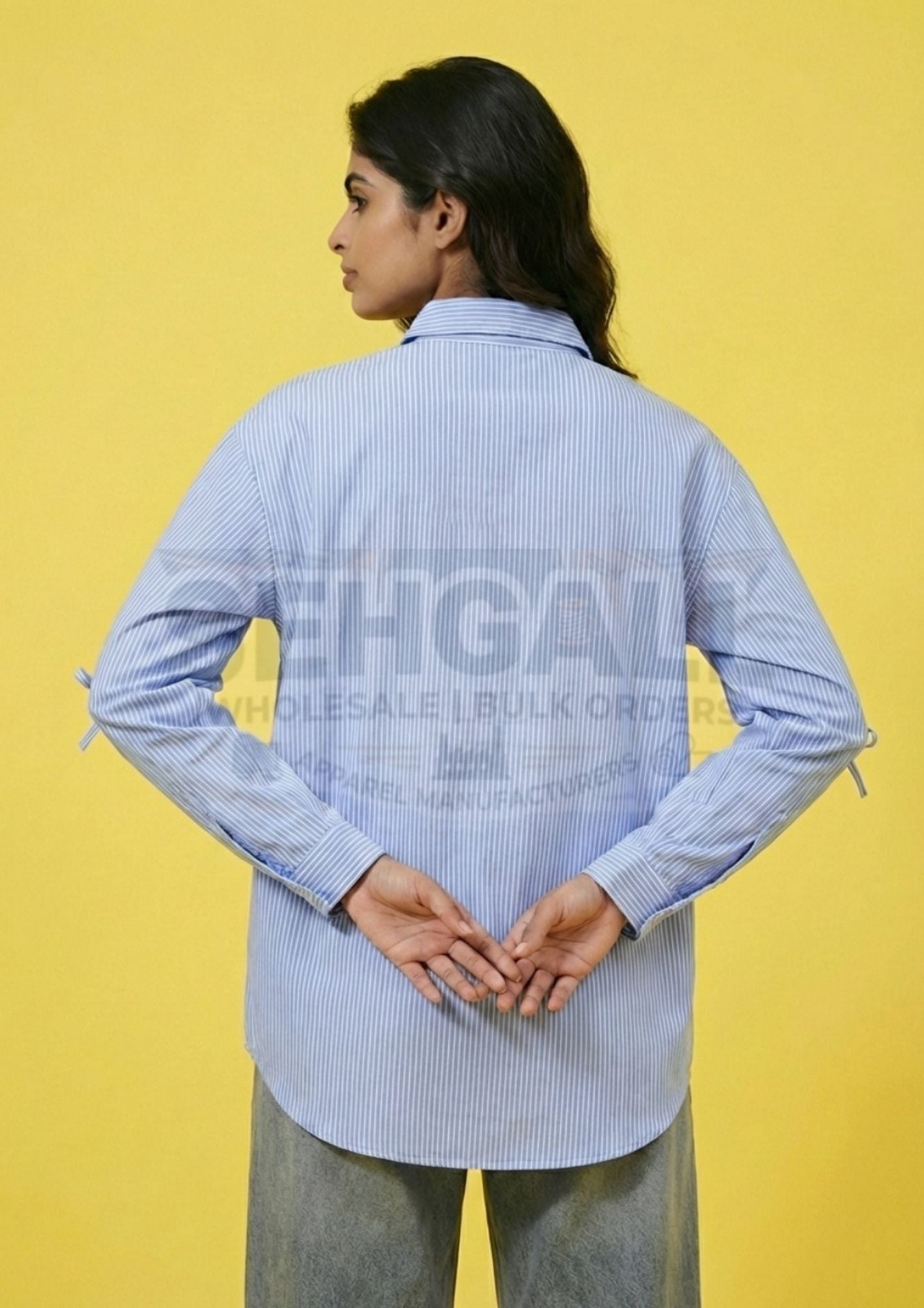 Women Blue Striped Bow Detail Casual Shirt-3679