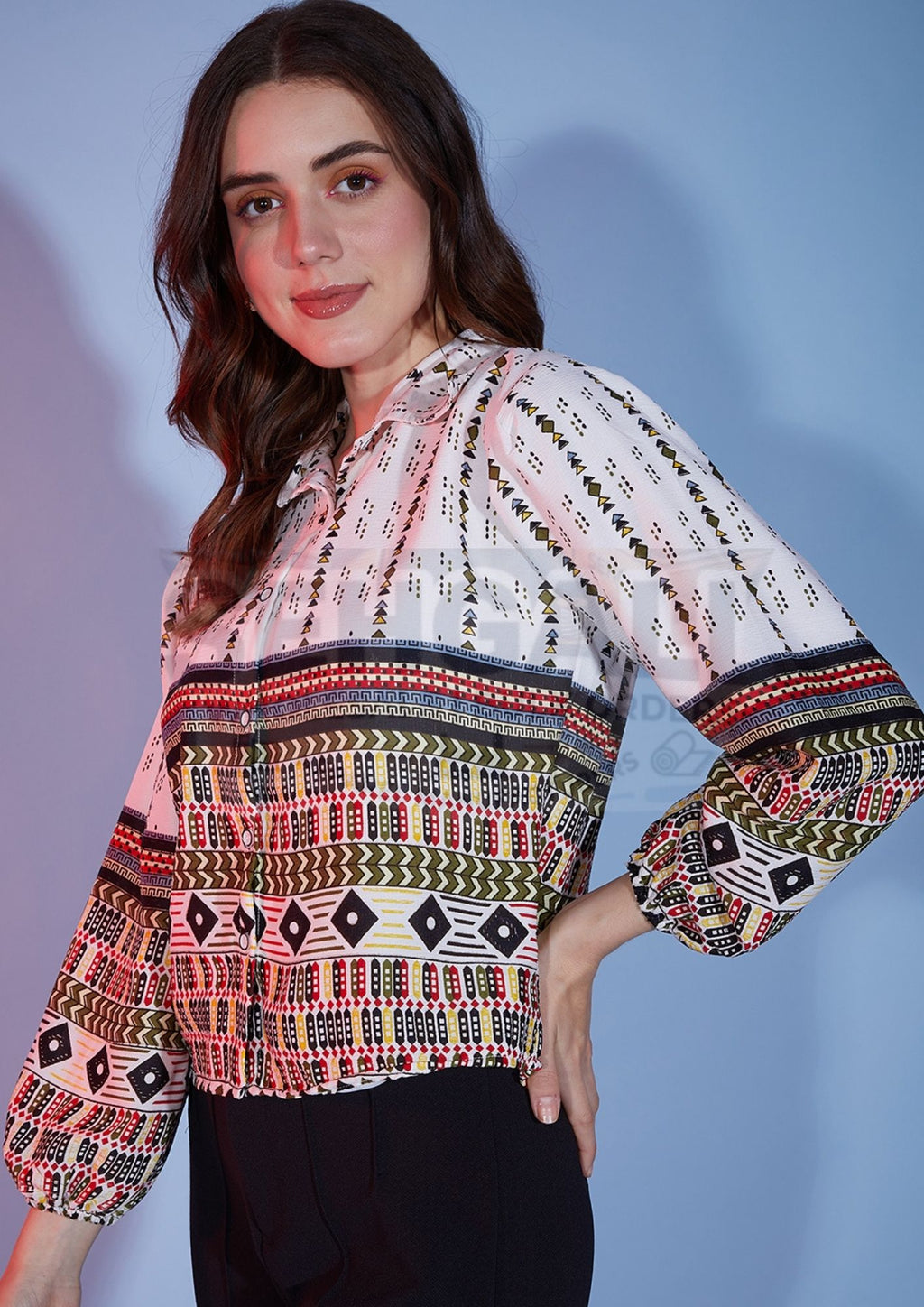 Bubble Sleeve Tribal Printed Women Shirt-3326