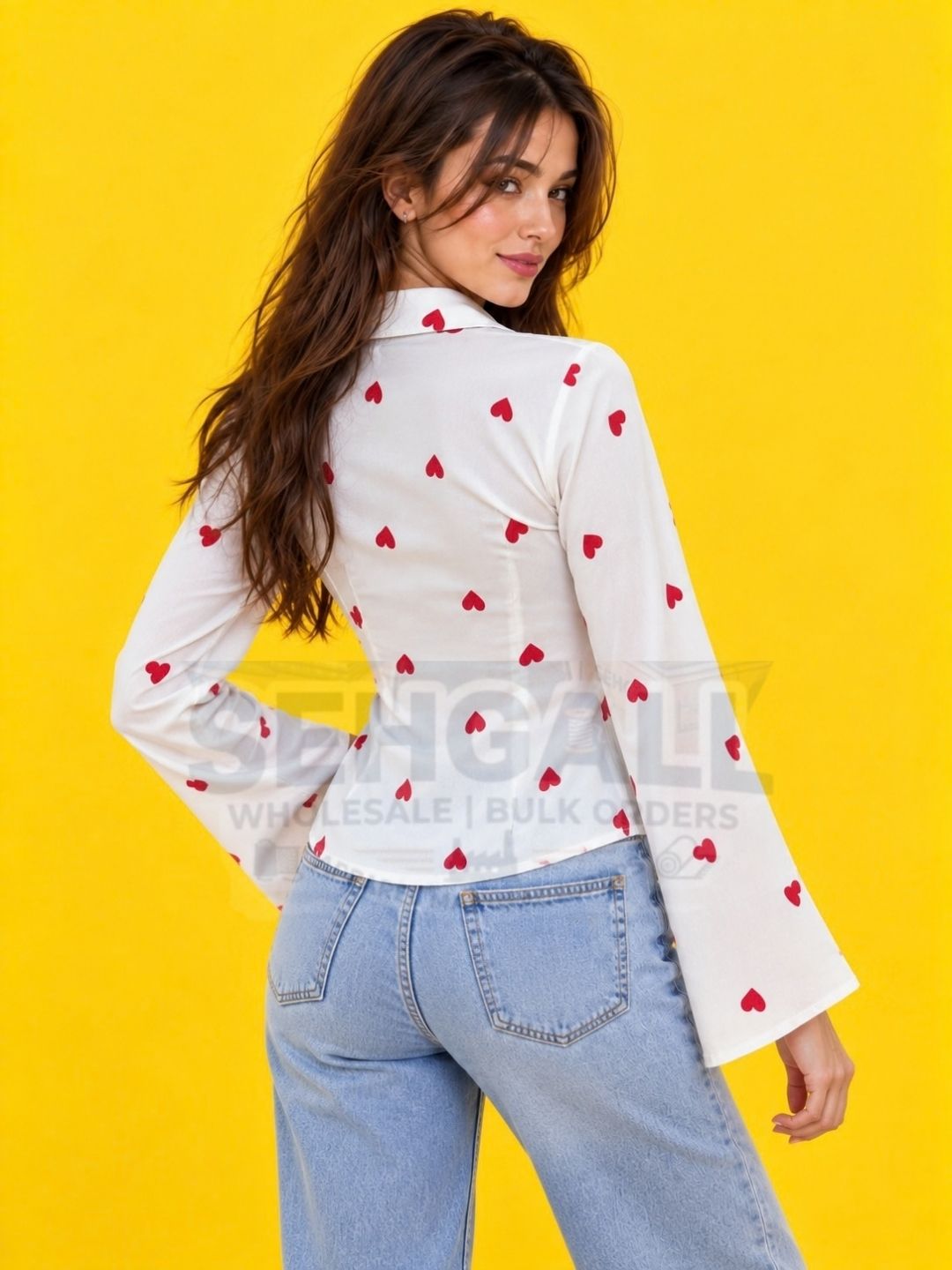 White Red Heart Print Button Down Shirt - 3748