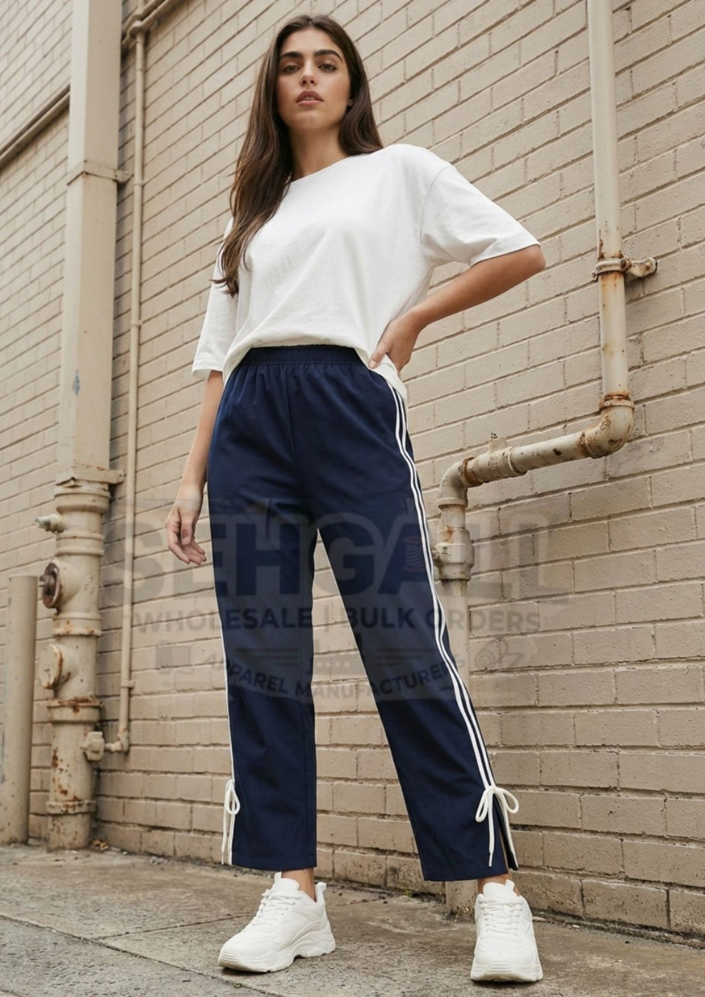 Women's Track Pants with Elastic Waist Side Stripes-3656