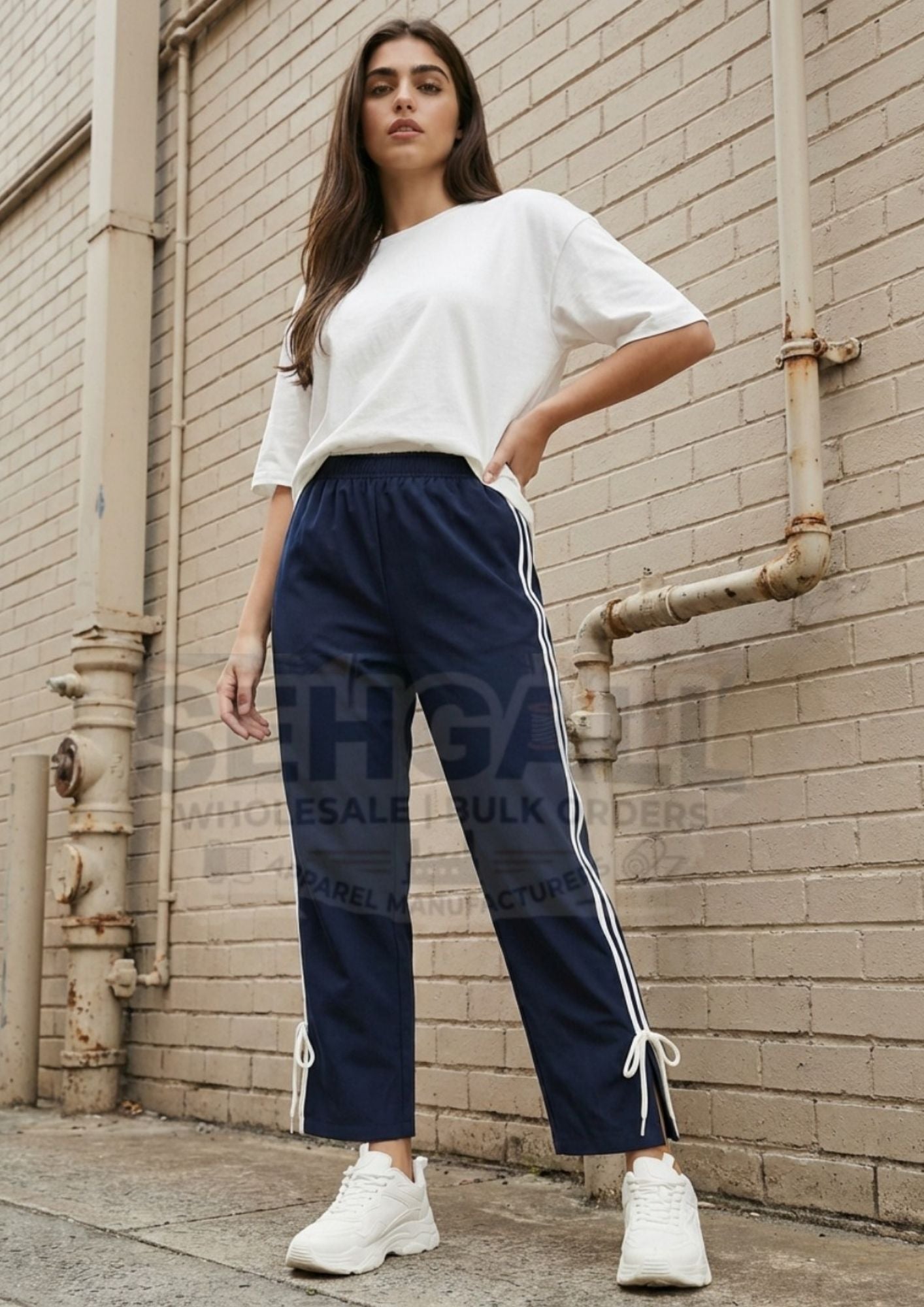 Women's Track Pants with Elastic Waist Side Stripes-3656