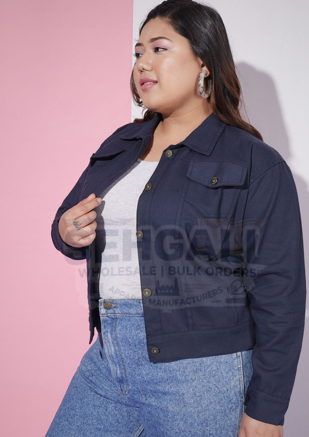 Twill Cotton Blend Plus Size Women Regular Jacket-2623PLUS