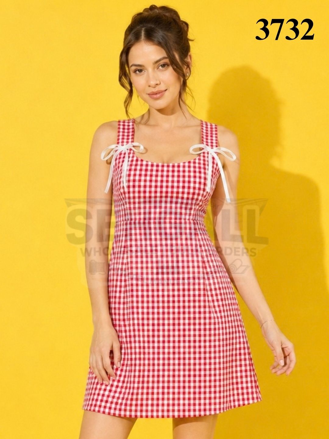 Gingham Check Bow Strap Mini Dress - 3731