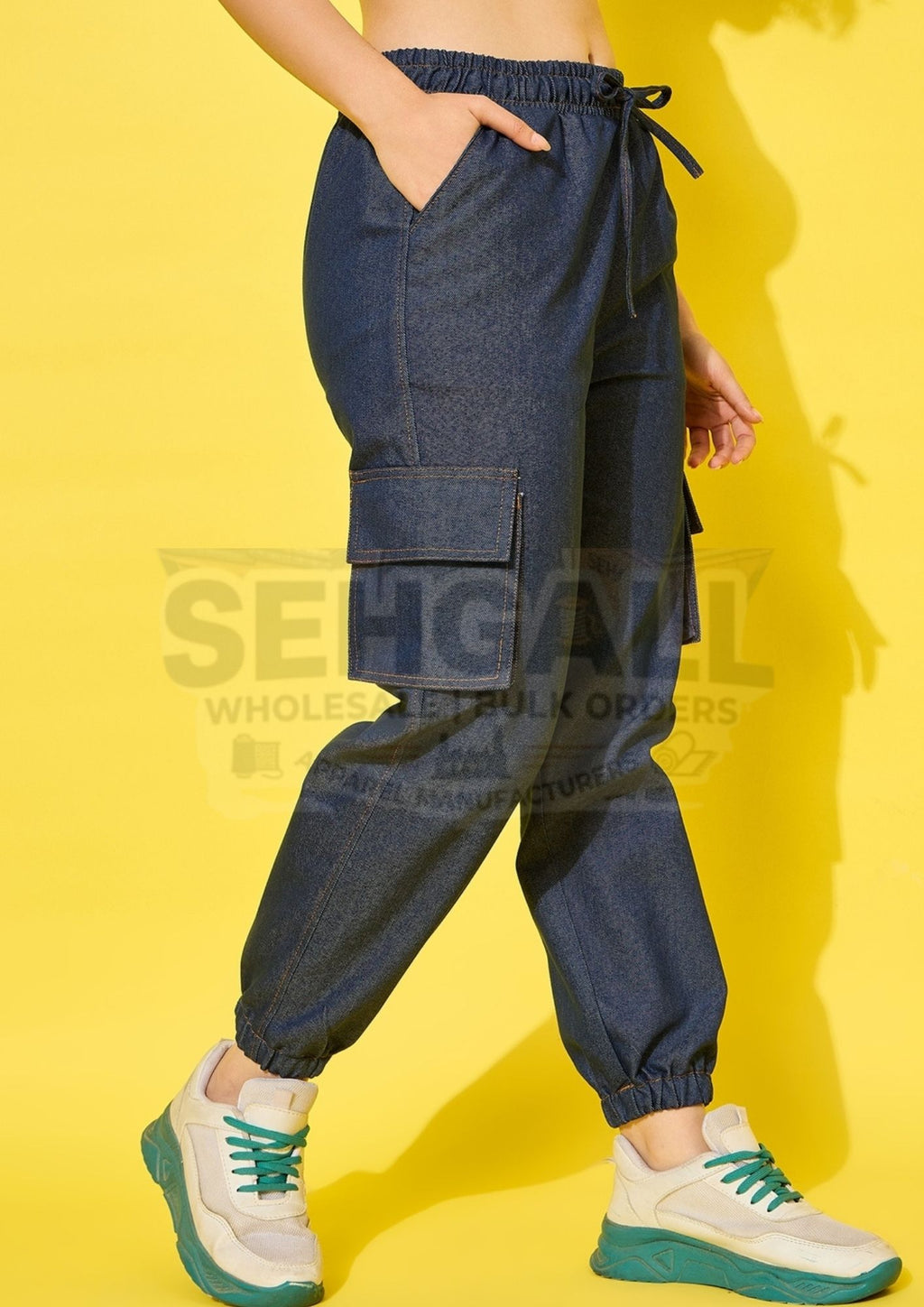 Relaxed Fit Elasticated Denim Cargo Joggers for Women-3517