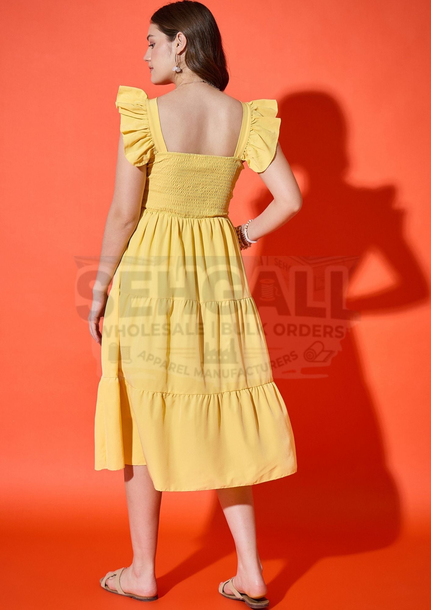 Ruffled Strap Dress Square Neck Smocked Women Maxi Dresses-3469