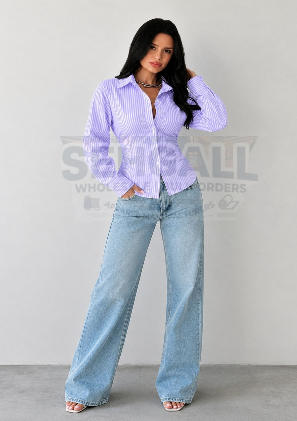 Striped Cotton Corset Back Waist-Tie Long Sleeve Shirt-3688