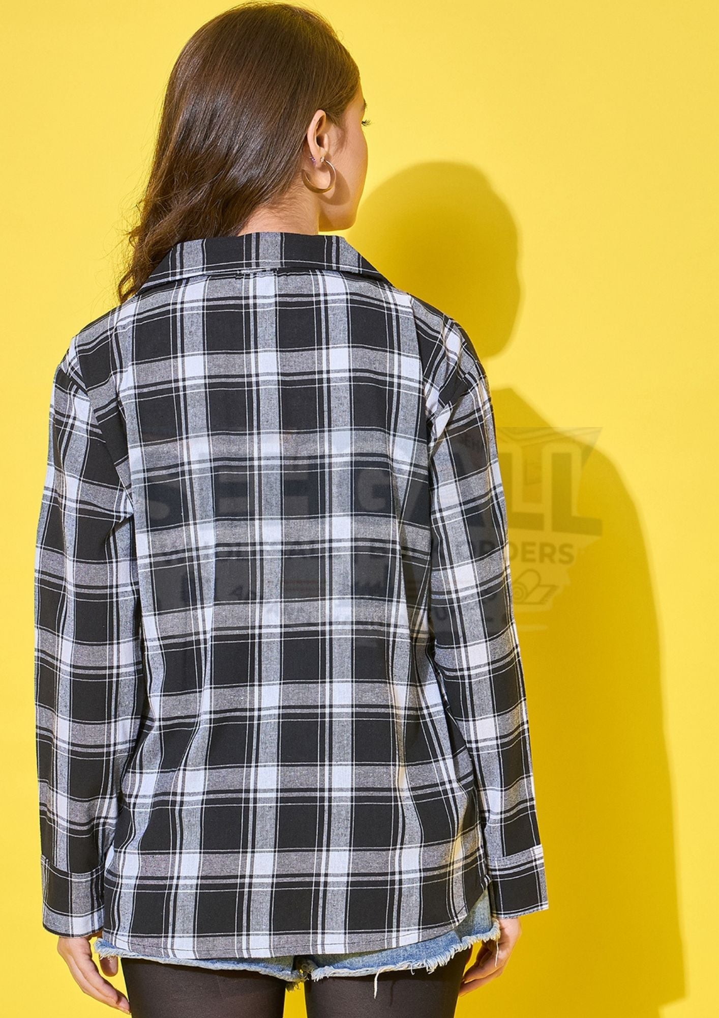 Cotton Black White Plaid Printed Oversized Shirt-3492