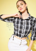 Cotton White Black Ruched Drawstring Crop Shirt-3291