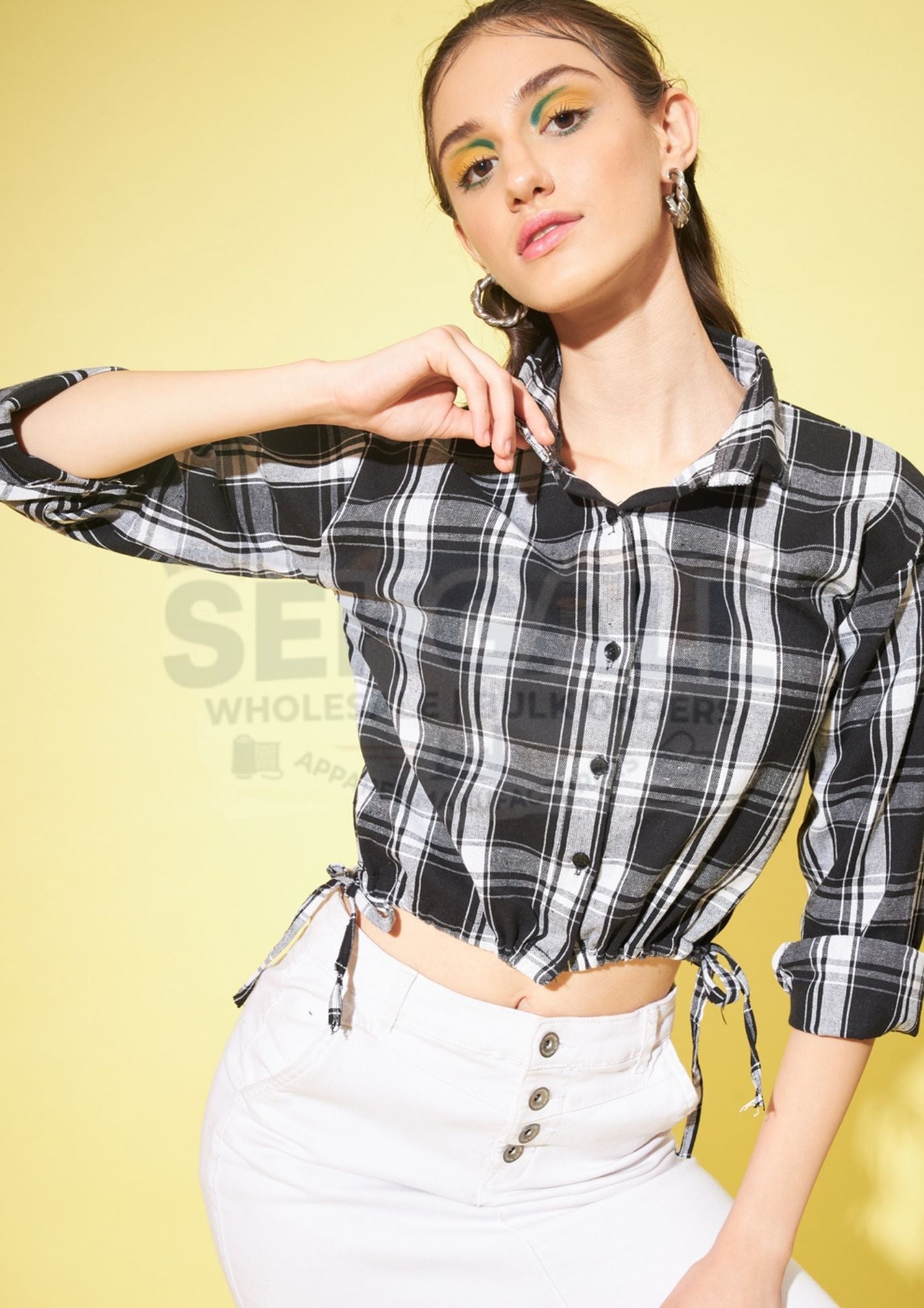 Cotton White Black Ruched Drawstring Crop Shirt-3291